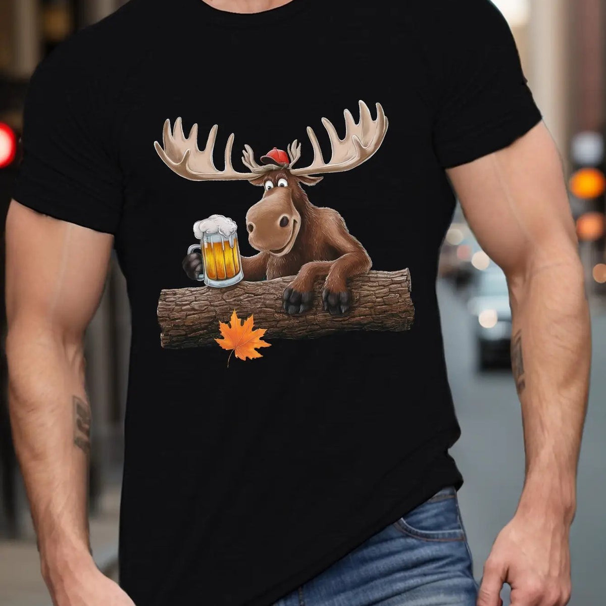 T-shirt décontracté pour homme à col rond | Imprimé cerf de dessin animé et bière, 100%, légèrement extensible, coupe régulière, manches courtes d'été, 180g