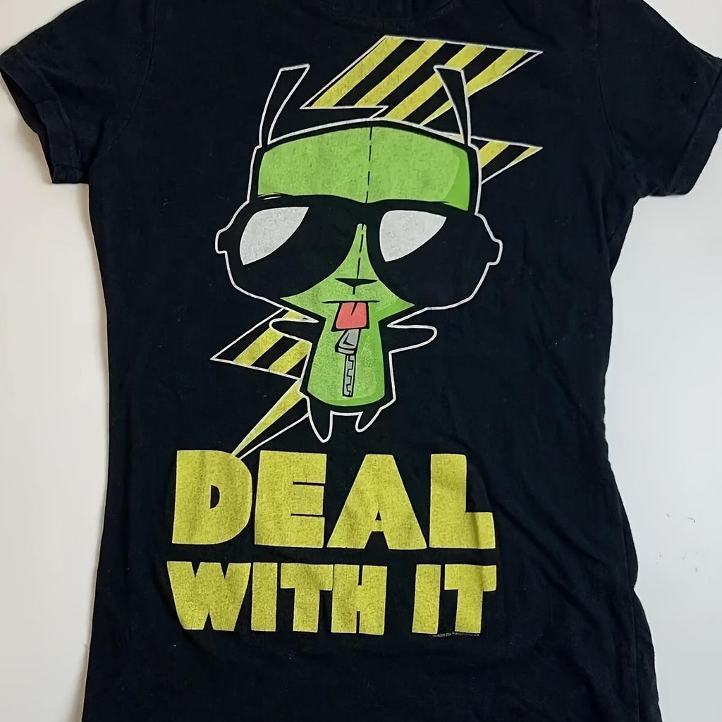 Mighty Fine Invader Zim Gir "Deal with It" Women's T-Shirt - Funny Anime Graphic Tee, Soft Stretch Fabric, Casual Fit XS Black Shirt for Gir Fans & Invader Zim Supporters, Fan Merchandise, Playful Design, Durable Print