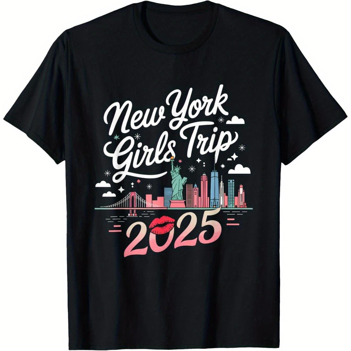 Men's New York Girls Trip 2025 T-Shirt NYC Skyline Tee with Pink Lips Design - Cotton