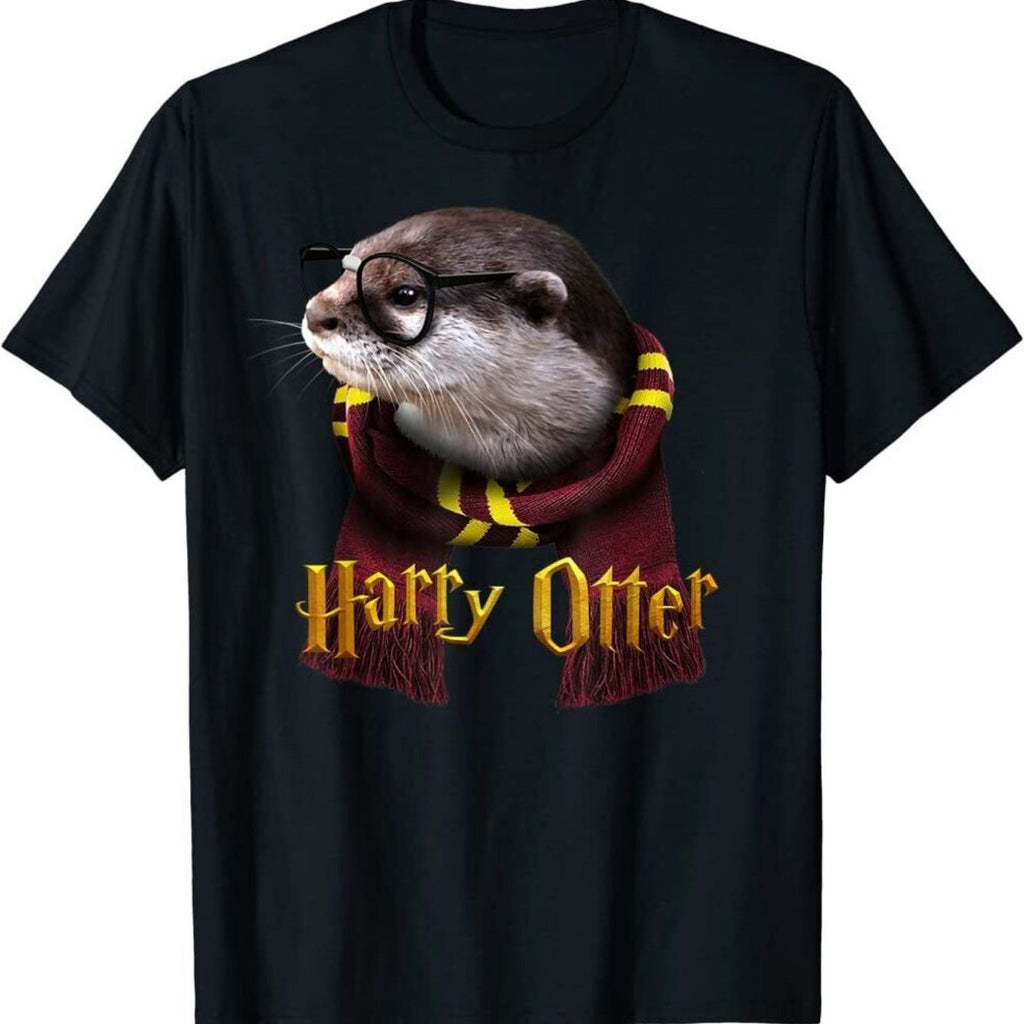 Men's 100% Cotton Funny Otter 'Harry Otter' Christmas T-Shirt - Black Casual Round Neck Tee with Glasses & Scarf Design, All-Season Comfort, Perfect Holiday Gift for Adults, Otter Shirt, Comfortable Clothing, Humorous Design, Durable Print