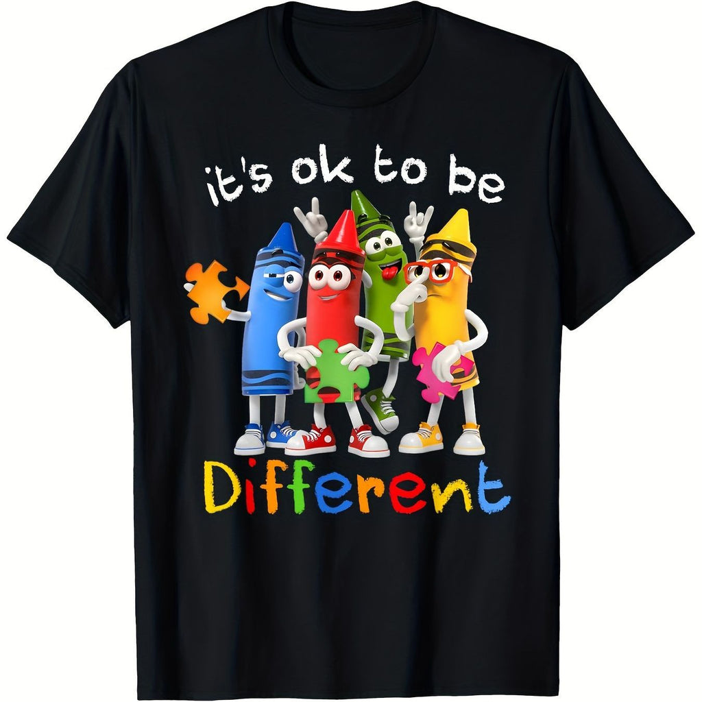 'It'S Ok To Be Different' Colorful Graphic T-Shirt | Anthropomorphic Crayons, Blue Red Green Yellow, Puzzle Pieces, Peace Sign Glasses, Casual Crew Neck Tee for Summer Daily Wear, Great Gift for Kids Teens, Unique Inspirational Style, Plus Size