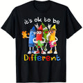 'It'S Ok To Be Different' Colorful Graphic T-Shirt | Anthropomorphic Crayons, Blue Red Green Yellow, Puzzle Pieces, Peace Sign Glasses, Casual Crew Neck Tee for Summer Daily Wear, Great Gift for Kids Teens, Unique Inspirational Style, Plus Size