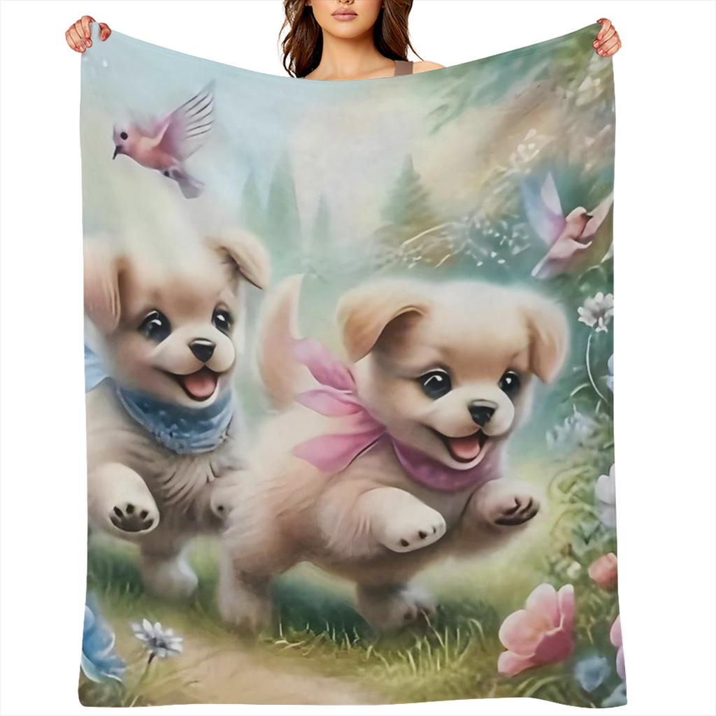 Charming Puppy Chase Pattern Flannel Throw Blanket - Soft Warm Lightweight Machine Washable for Travel Camping Living Room Office Sofa Chair Bed All- Season Comfort