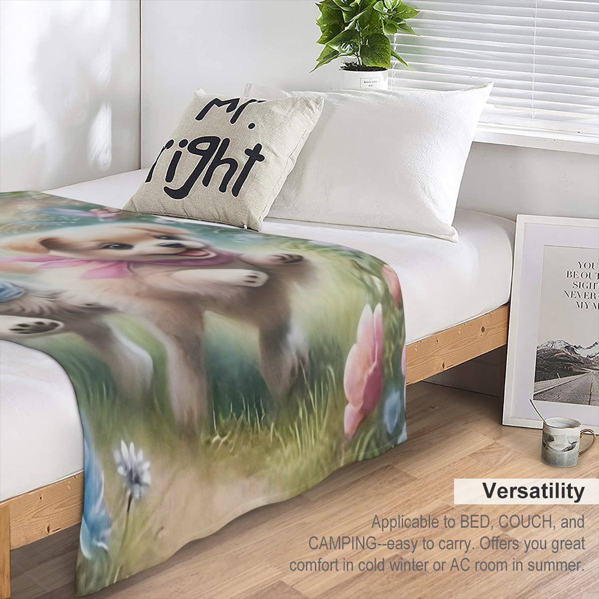 Charming Puppy Chase Pattern Flannel Throw Blanket - Soft Warm Lightweight Machine Washable for Travel Camping Living Room Office Sofa Chair Bed All- Season Comfort