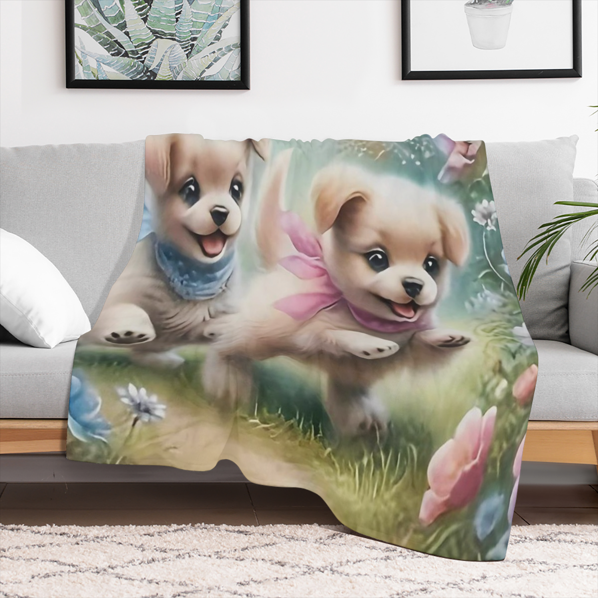 Charming Puppy Chase Pattern Flannel Throw Blanket - Soft Warm Lightweight Machine Washable for Travel Camping Living Room Office Sofa Chair Bed All- Season Comfort