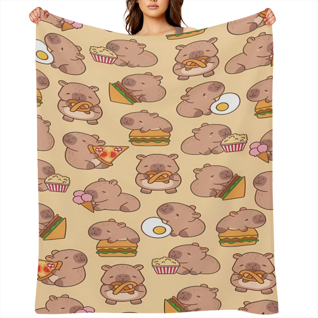1pc Cute Capybara Cartoon Flannel Blanket - Soft, Warm, Plush, Suitable for All SeasonsMachine Washable, 250- 300g Great for Sofa, Bed, Camping, TravelCute Food Theme DesignIdeal Gift for Capybara Lov