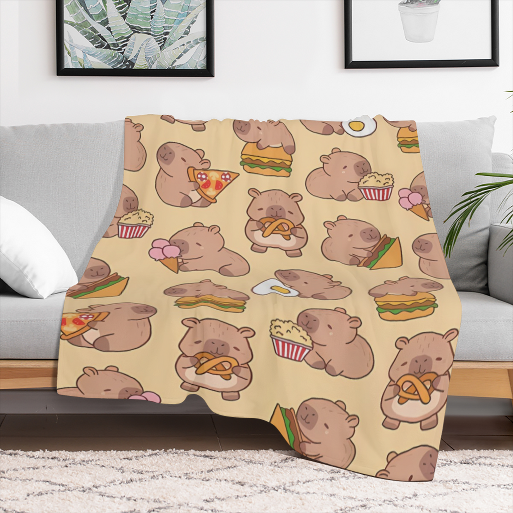 1pc Cute Capybara Cartoon Flannel Blanket - Soft, Warm, Plush, Suitable for All SeasonsMachine Washable, 250- 300g Great for Sofa, Bed, Camping, TravelCute Food Theme DesignIdeal Gift for Capybara Lov