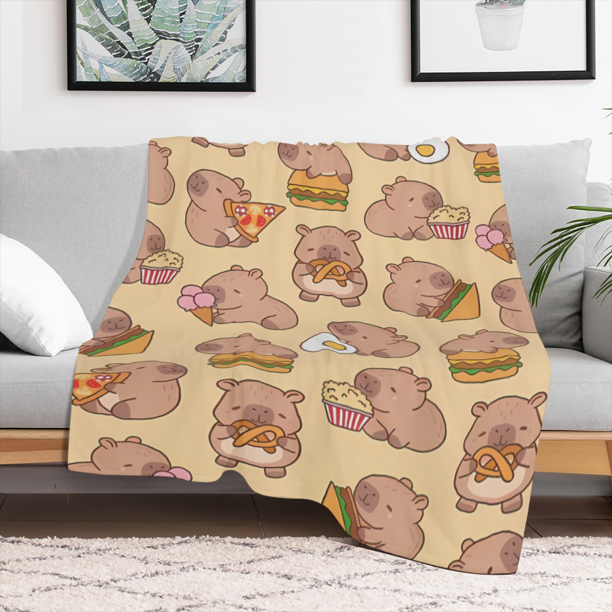 1pc Cute Capybara Cartoon Flannel Blanket - Soft, Warm, Plush, Suitable for All SeasonsMachine Washable, 250- 300g Great for Sofa, Bed, Camping, TravelCute Food Theme DesignIdeal Gift for Capybara Lov