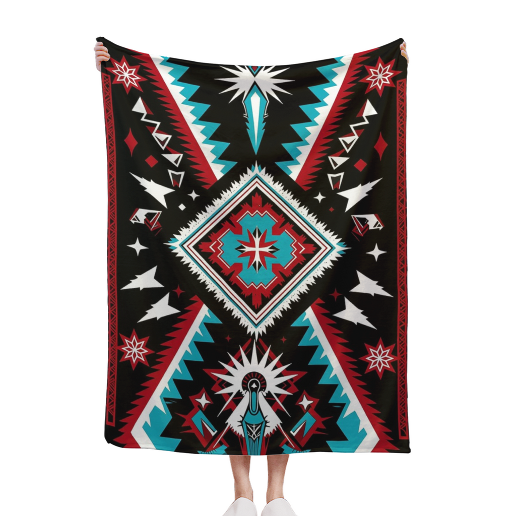 2D Flat 1pc Large Local American Tribal Blanket Throw Suitable for Home Decor - Traditional Southwestern Bedspread with Bold Diamond Star Pattern, Turquoise Accent Bedspread, Red Black White Design fo