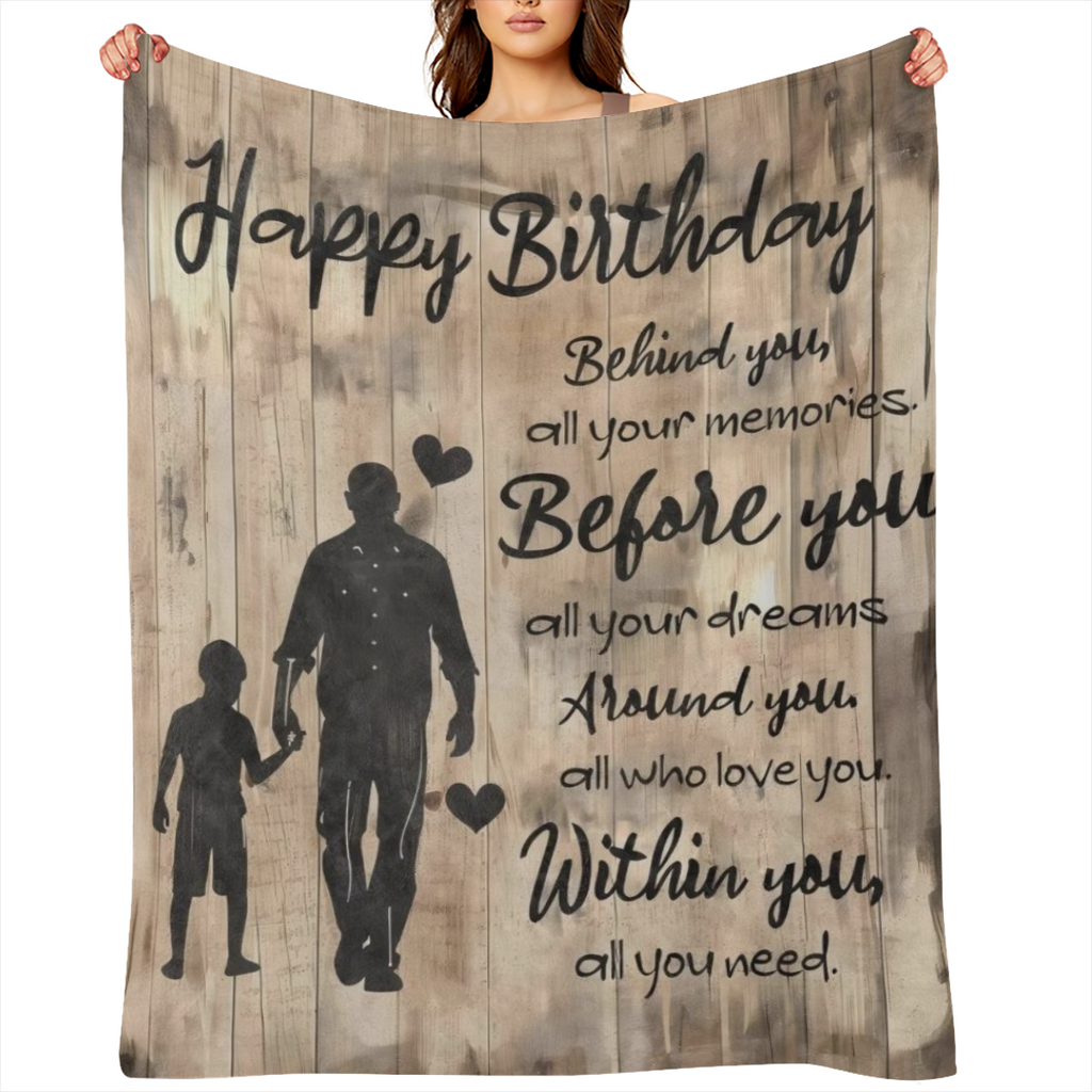 Birthday Gifts Blanket to Dad Son with Rustic Wood Pattern, Soft Flannel Throw with Inspirational Message, Unique Gift for Father and Kids Boys Nephew, Happy Festival Decor