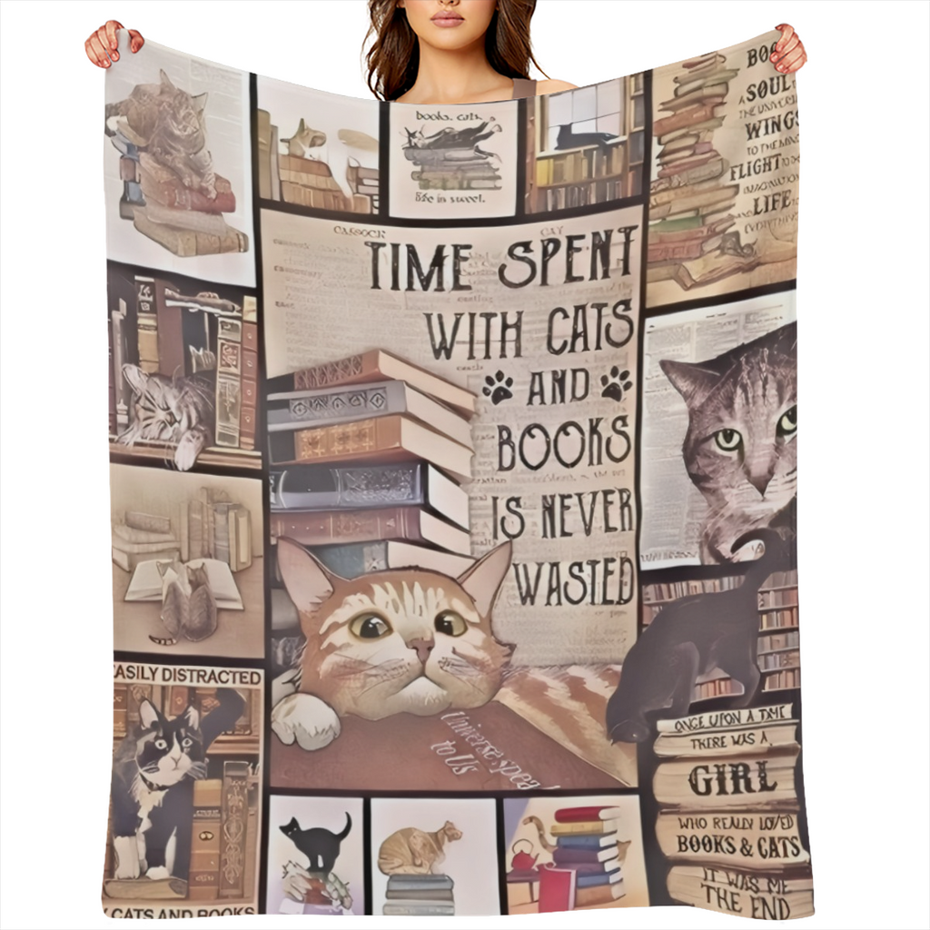Cute Cats and Books Themed Patchwork Flannel Blanket Warm and Cozy for Home Use with Vintage Style and Charming Cat- Bibliophile Theme