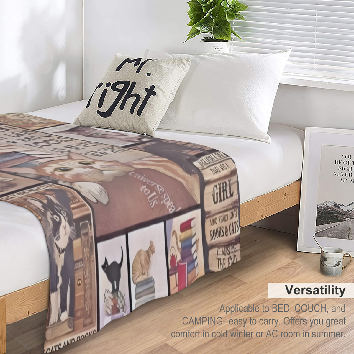 Cute Cats and Books Themed Patchwork Flannel Blanket Warm and Cozy for Home Use with Vintage Style and Charming Cat- Bibliophile Theme