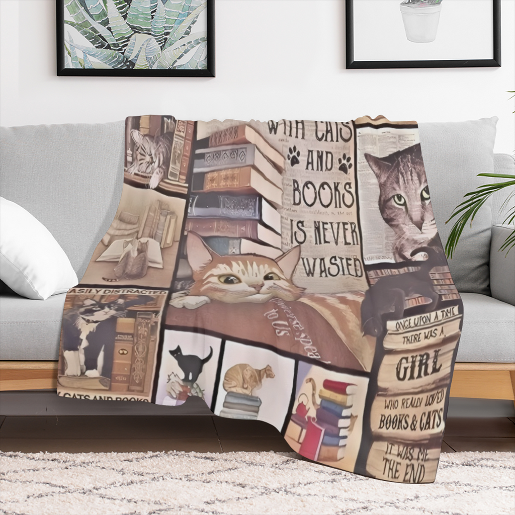 Cute Cats and Books Themed Patchwork Flannel Blanket Warm and Cozy for Home Use with Vintage Style and Charming Cat- Bibliophile Theme