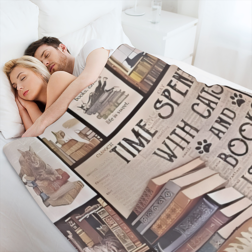 Cute Cats and Books Themed Patchwork Flannel Blanket Warm and Cozy for Home Use with Vintage Style and Charming Cat- Bibliophile Theme