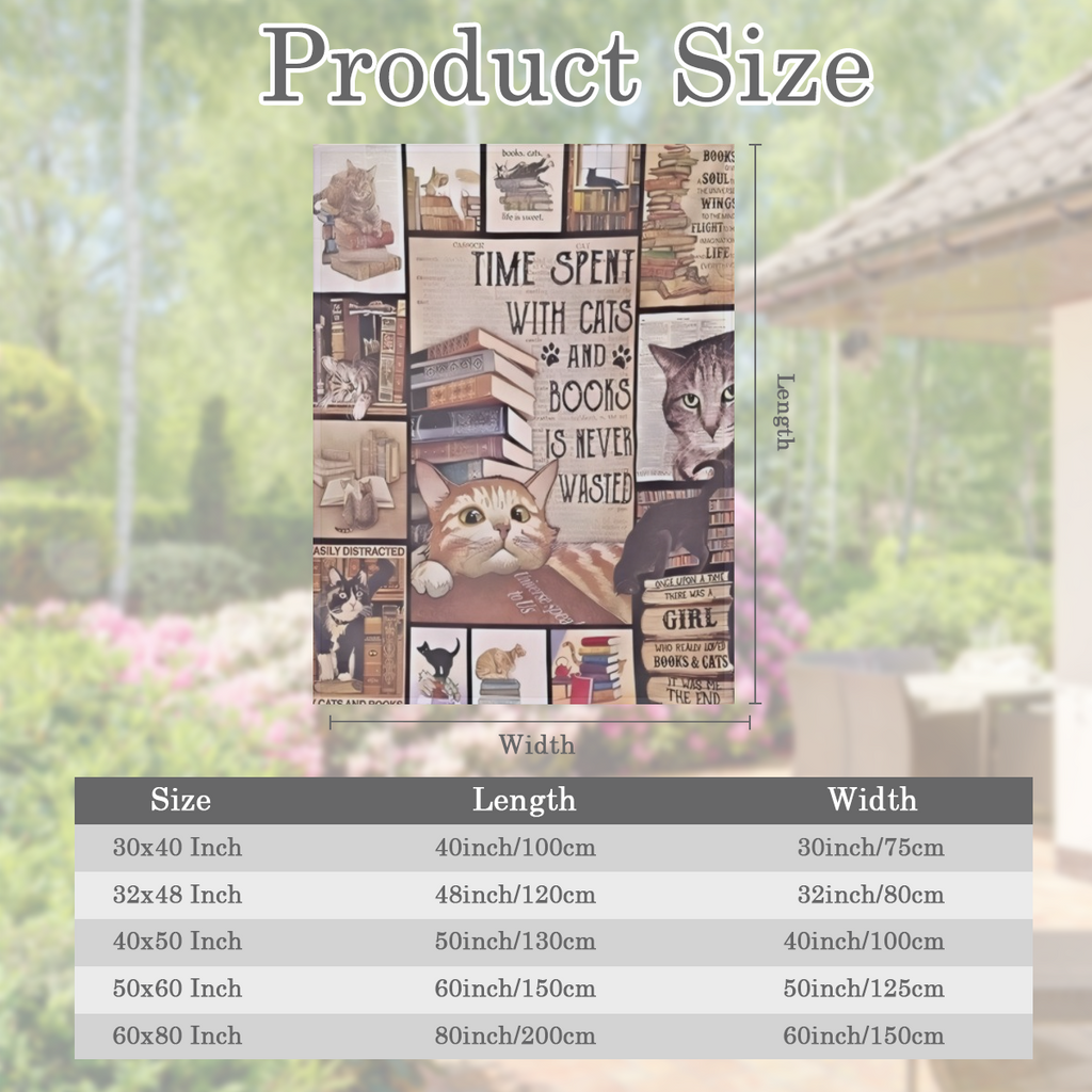 Cute Cats and Books Themed Patchwork Flannel Blanket Warm and Cozy for Home Use with Vintage Style and Charming Cat- Bibliophile Theme