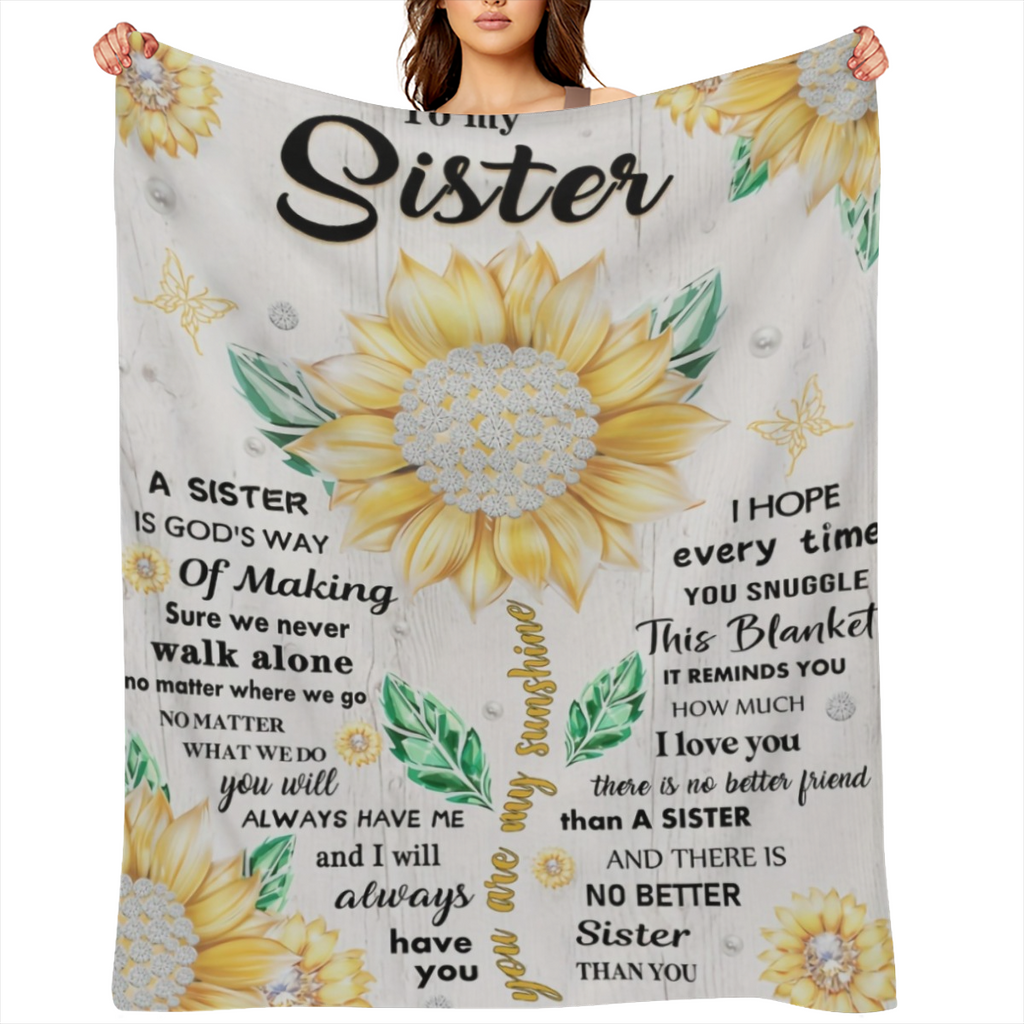 1pc Sunflower Letter to My Sister Fleece Blanket - Soft Knitted Polyester Throw, All- Season Comfort, Machine Washable, Digital Print, Contemporary Style, 200- 250g Square