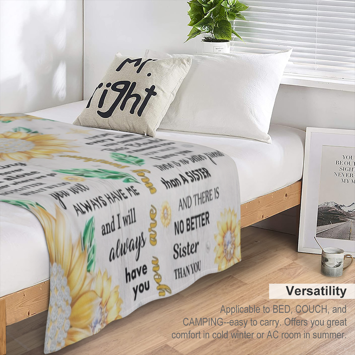 1pc Sunflower Letter to My Sister Fleece Blanket - Soft Knitted Polyester Throw, All- Season Comfort, Machine Washable, Digital Print, Contemporary Style, 200- 250g Square