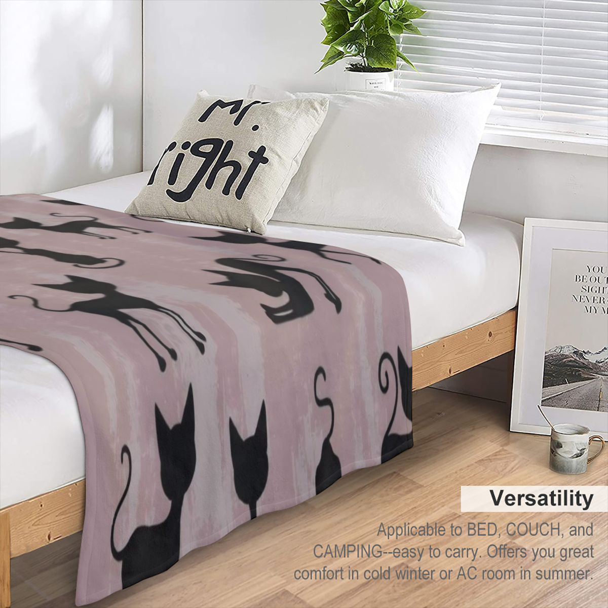 Cat Blanket Cute Funny Animal Cartoon Black Silhouette Pink Art Print Soft Cozy Lightweight Throw Blanket for Girls Boys Women Bedroom Living Room Dorm Chair Sofa Travel 50x60in