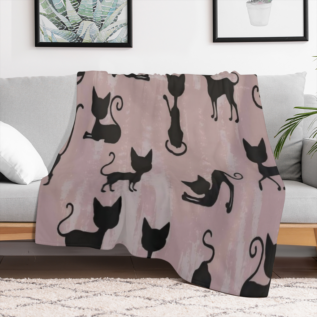Cat Blanket Cute Funny Animal Cartoon Black Silhouette Pink Art Print Soft Cozy Lightweight Throw Blanket for Girls Boys Women Bedroom Living Room Dorm Chair Sofa Travel 50x60in