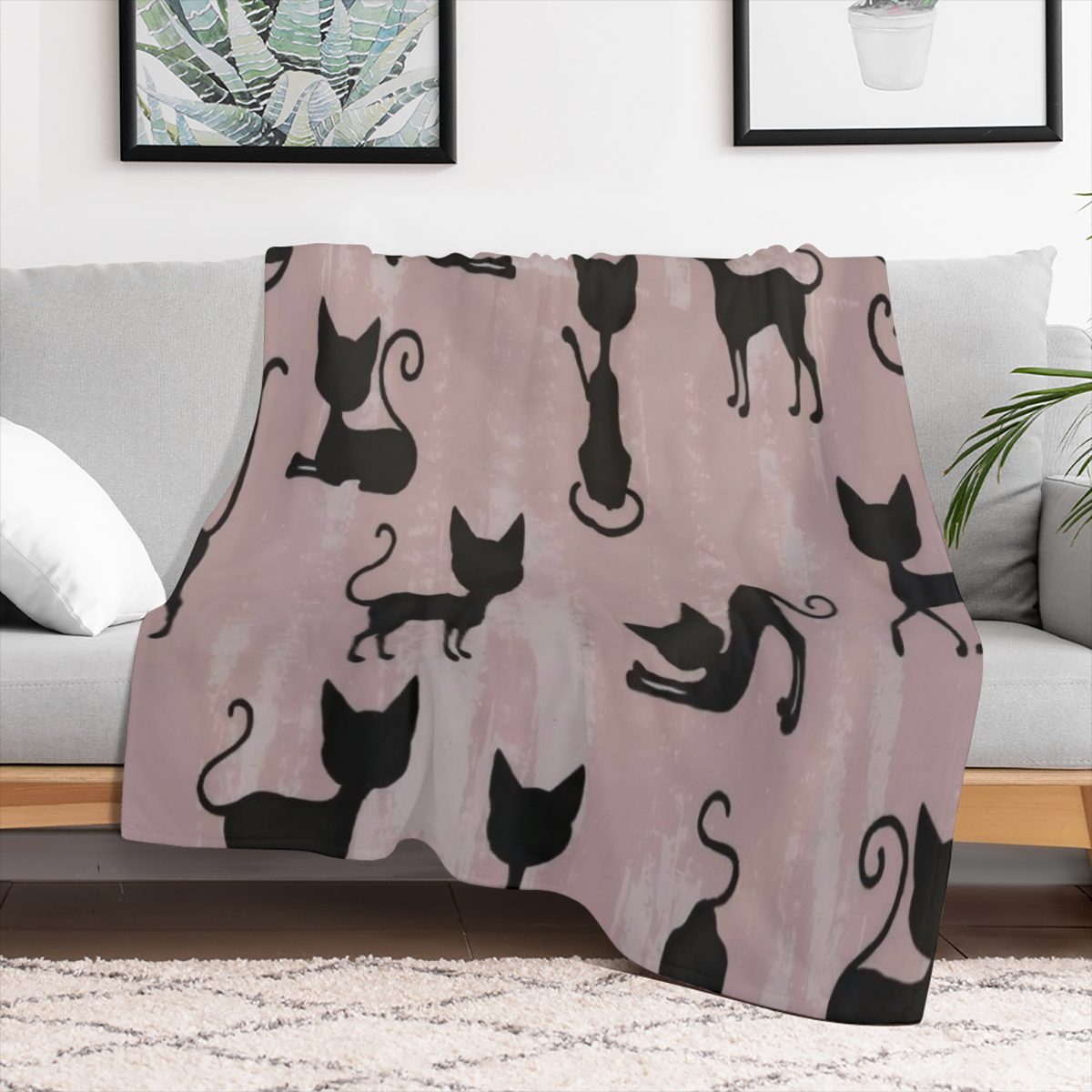 Cat Blanket Cute Funny Animal Cartoon Black Silhouette Pink Art Print Soft Cozy Lightweight Throw Blanket for Girls Boys Women Bedroom Living Room Dorm Chair Sofa Travel 50x60in