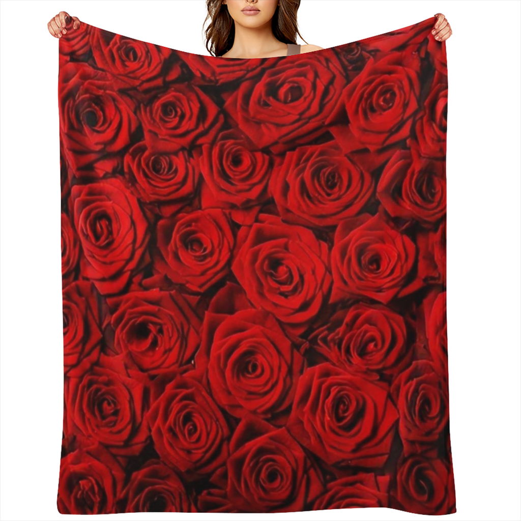 Contemporary Red Rose Floral Patterned Flannel Fleece Throw Blanket - 100 Polyester, All- Season Knit Fabric, Hand Wash Only, 1PC