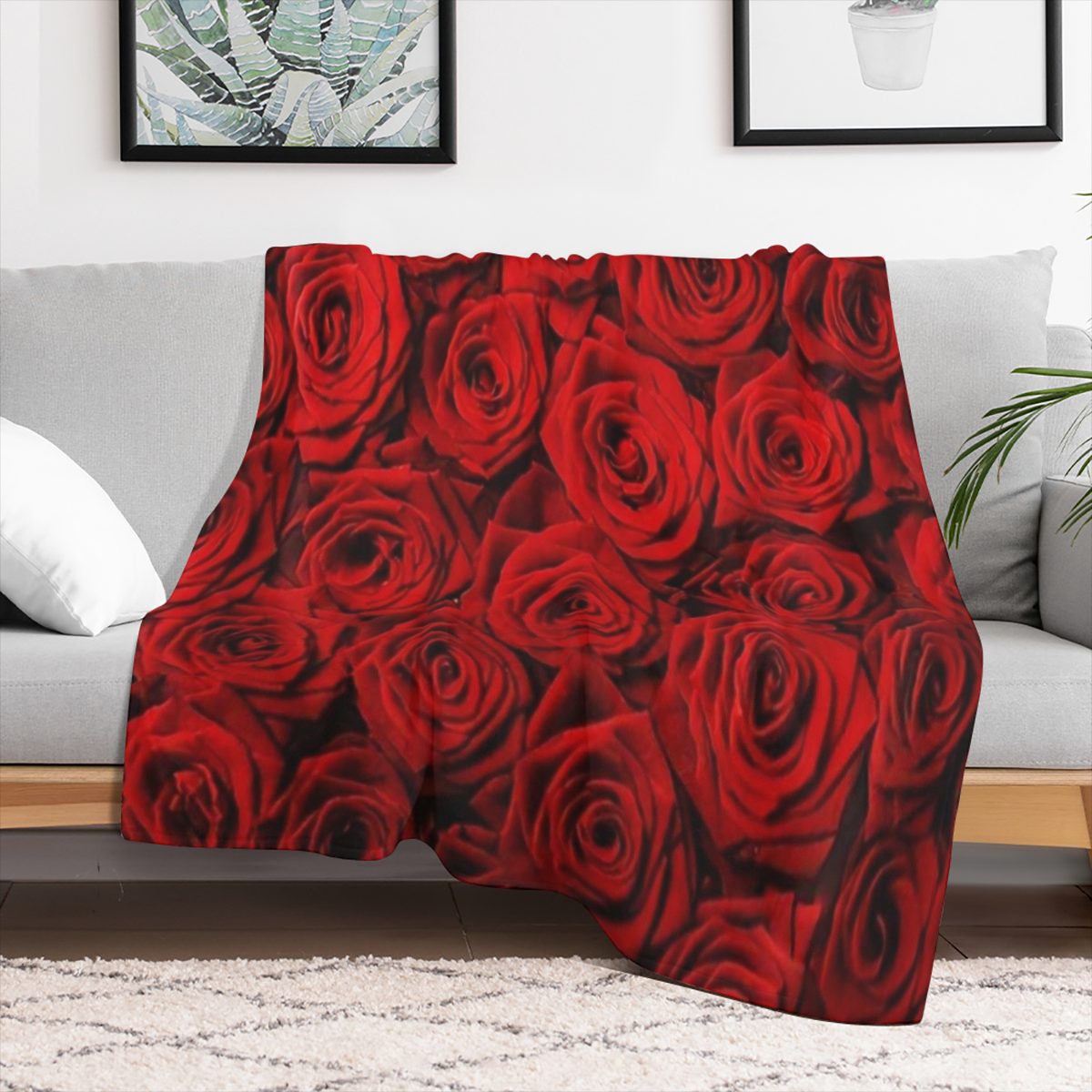 Contemporary Red Rose Floral Patterned Flannel Fleece Throw Blanket - 100 Polyester, All- Season Knit Fabric, Hand Wash Only, 1PC