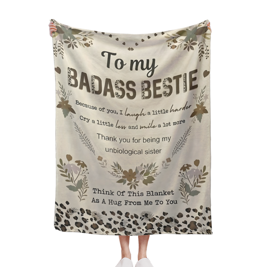 `To My Badass Bestie Throw Blanket, Leopard Floral Friendship Gift Soft Flannel Blanket, Unbiological Sister Hug Blanket, Best Friend Birthday Gift`