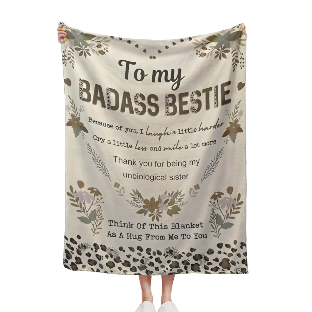 `To My Badass Bestie Throw Blanket, Leopard Floral Friendship Gift Soft Flannel Blanket, Unbiological Sister Hug Blanket, Best Friend Birthday Gift`