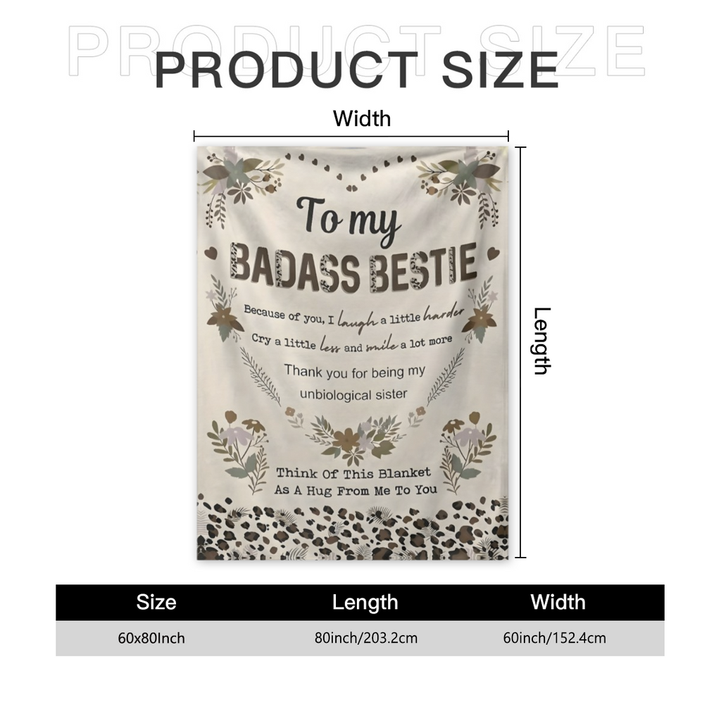`To My Badass Bestie Throw Blanket, Leopard Floral Friendship Gift Soft Flannel Blanket, Unbiological Sister Hug Blanket, Best Friend Birthday Gift`