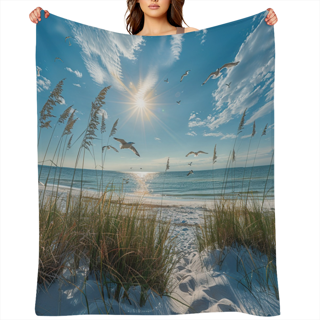 Cozy Seagull Print Throw Blanket - Soft Fleece, Ocean Scenery Design with Birds & Sandy Beach - Perfect for Couch, Sofa, Bed, or Camping - All- Season Use, 280GSM, Beach Blanket