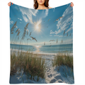 Cozy Seagull Print Throw Blanket - Soft Fleece, Ocean Scenery Design with Birds & Sandy Beach - Perfect for Couch, Sofa, Bed, or Camping - All- Season Use, 280GSM, Beach Blanket