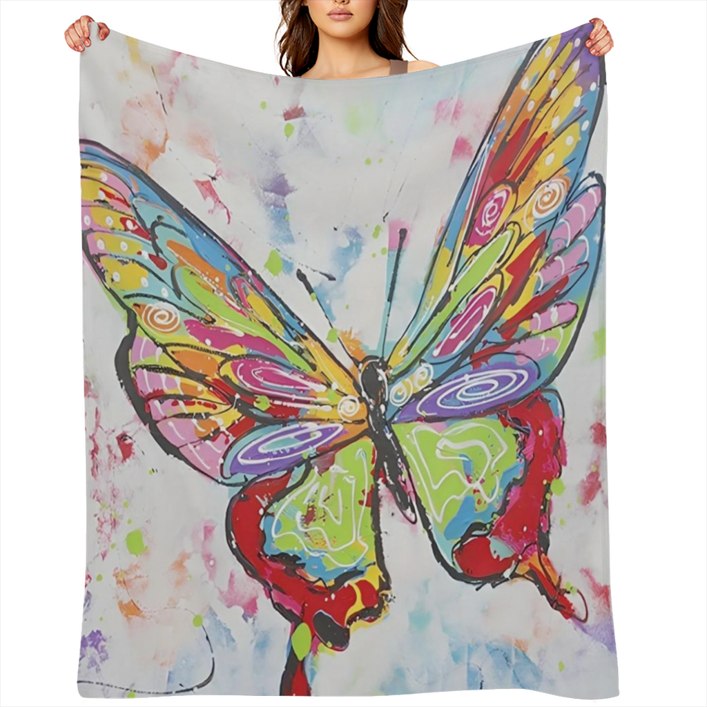 1pc Vibrant Butterfly Art Flannel Blanket - Cozy, Soft, Lightweight & Durable, Machine Washable, Perfect for Sofa, Bed, Travel, Camping, Office - Colorful Abstract Design for All Seasons Use, Butterfl