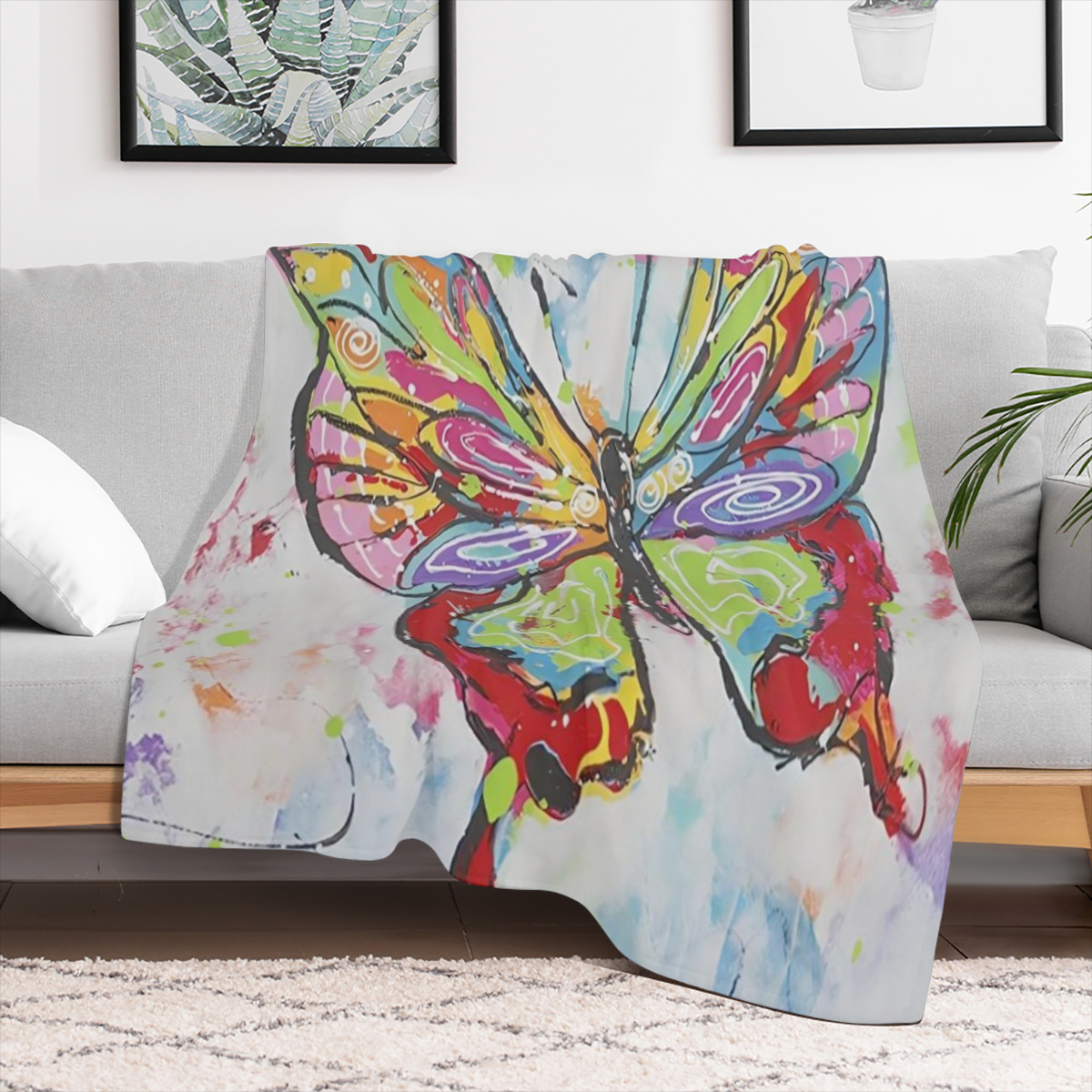 1pc Vibrant Butterfly Art Flannel Blanket - Cozy, Soft, Lightweight & Durable, Machine Washable, Perfect for Sofa, Bed, Travel, Camping, Office - Colorful Abstract Design for All Seasons Use, Butterfl