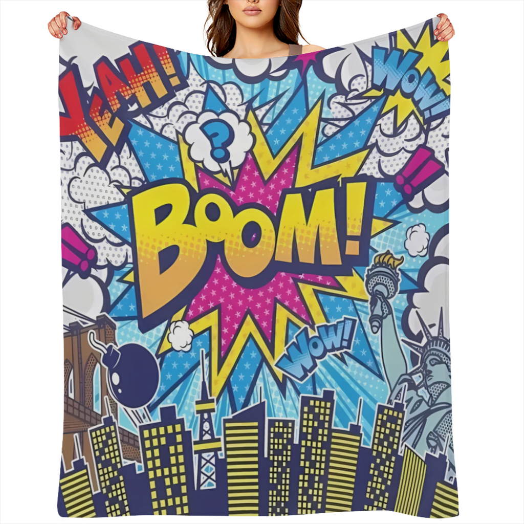Superhero City Adventure Fleece Blanket - Soft Plush Flannel with Modern Cartoon Comics Style Print, Perfect for Couch or Bedroom Decor, 280g/m