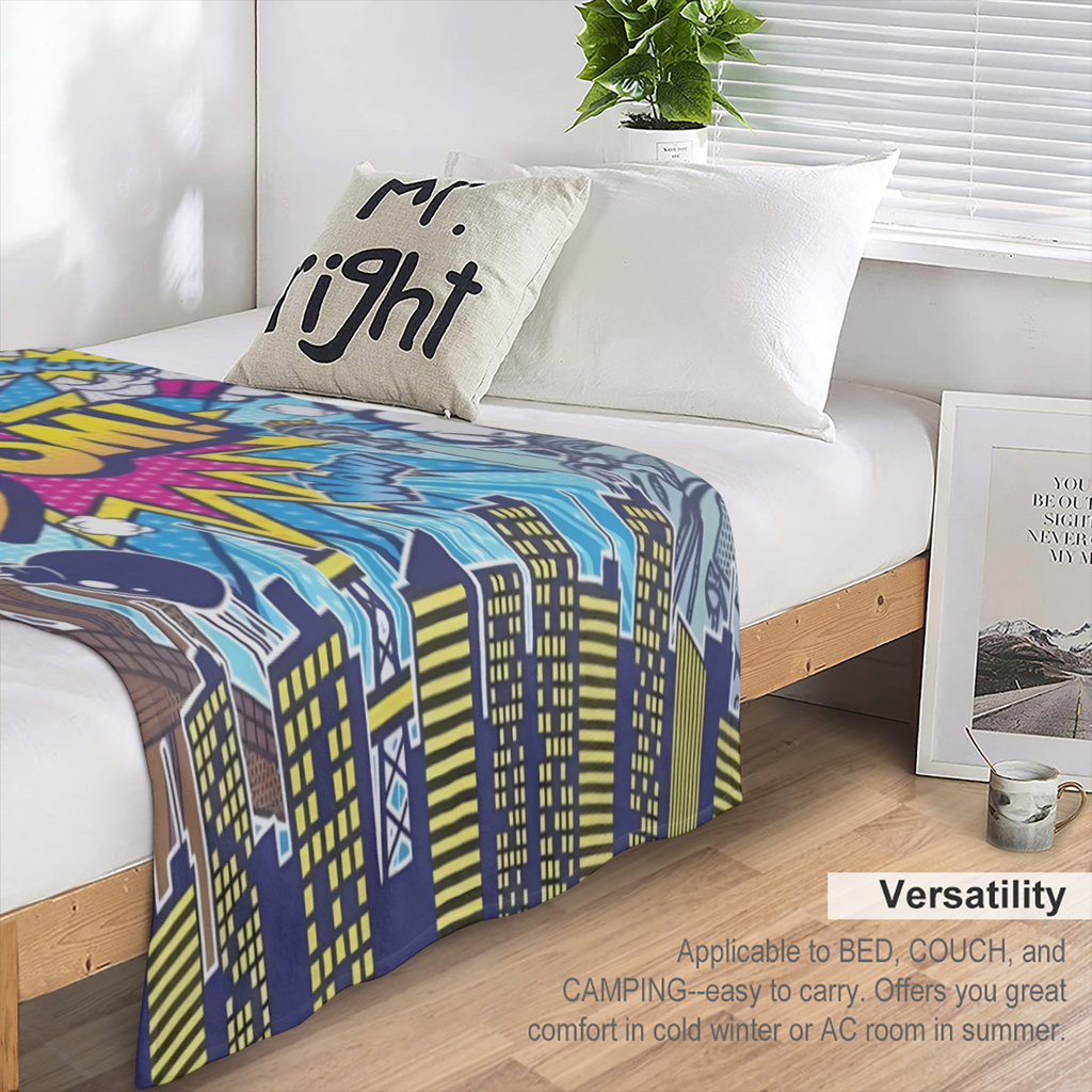 Superhero City Adventure Fleece Blanket - Soft Plush Flannel with Modern Cartoon Comics Style Print, Perfect for Couch or Bedroom Decor, 280g/m