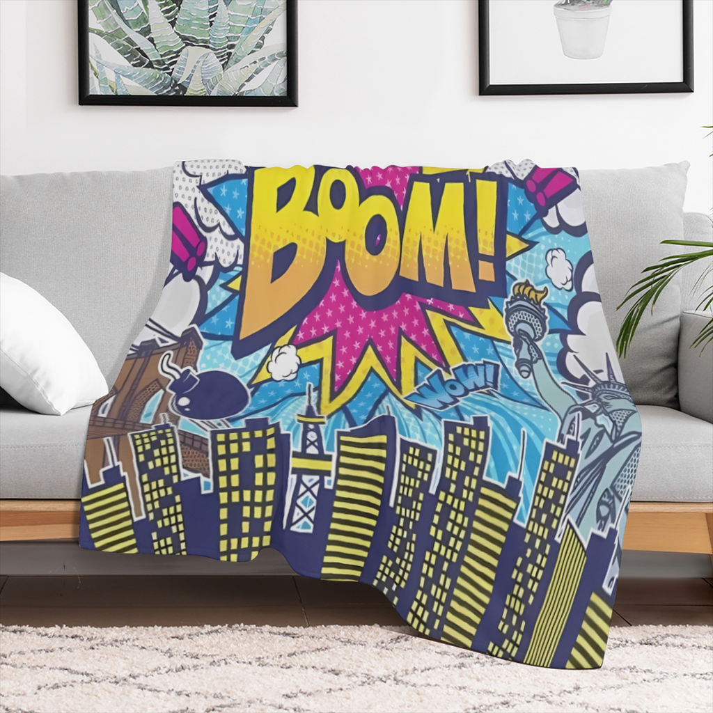 Superhero City Adventure Fleece Blanket - Soft Plush Flannel with Modern Cartoon Comics Style Print, Perfect for Couch or Bedroom Decor, 280g/m