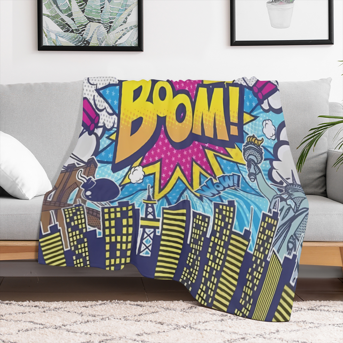 Superhero City Adventure Fleece Blanket - Soft Plush Flannel with Modern Cartoon Comics Style Print, Perfect for Couch or Bedroom Decor, 280g/m