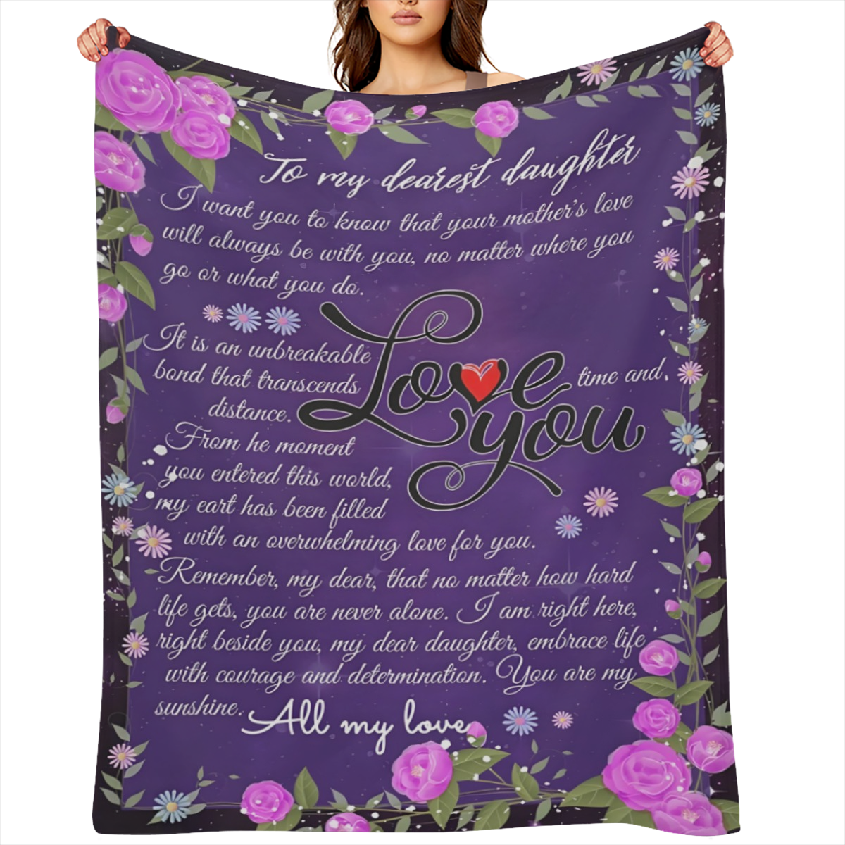 1pc Daughter Blanket from Mom - Soft Floral Design with Heartfelt Message, Pink Roses & Blue Flowers, Lightweight Polyester Blend, Perfect for Birthdays, Graduation, Valentine¡¯s Day & Mother¡¯s Day