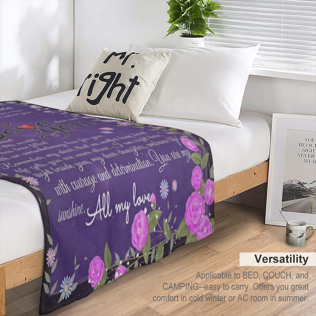 1pc Daughter Blanket from Mom - Soft Floral Design with Heartfelt Message, Pink Roses & Blue Flowers, Lightweight Polyester Blend, Perfect for Birthdays, Graduation, Valentine¡¯s Day & Mother¡¯s Day