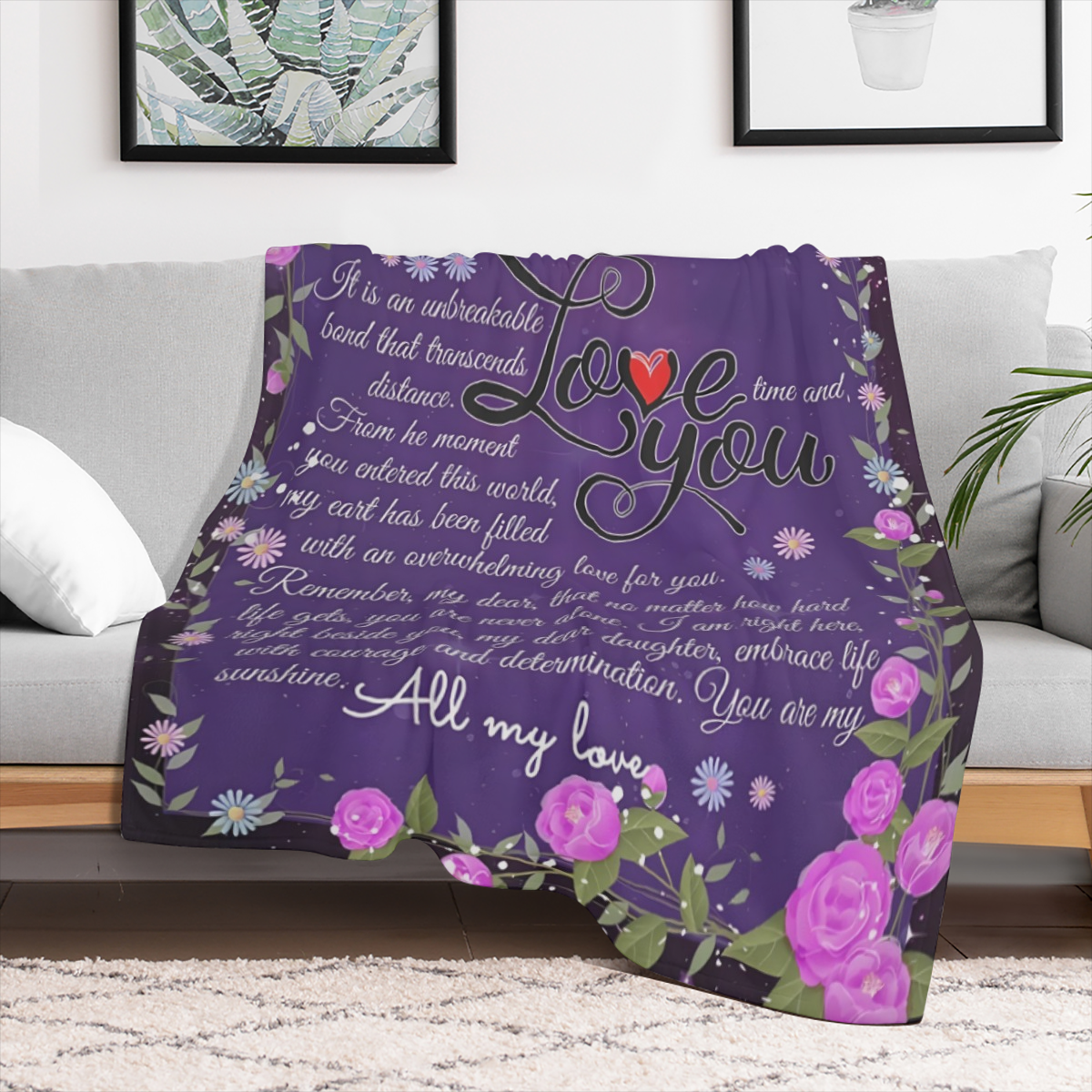 1pc Daughter Blanket from Mom - Soft Floral Design with Heartfelt Message, Pink Roses & Blue Flowers, Lightweight Polyester Blend, Perfect for Birthdays, Graduation, Valentine¡¯s Day & Mother¡¯s Day