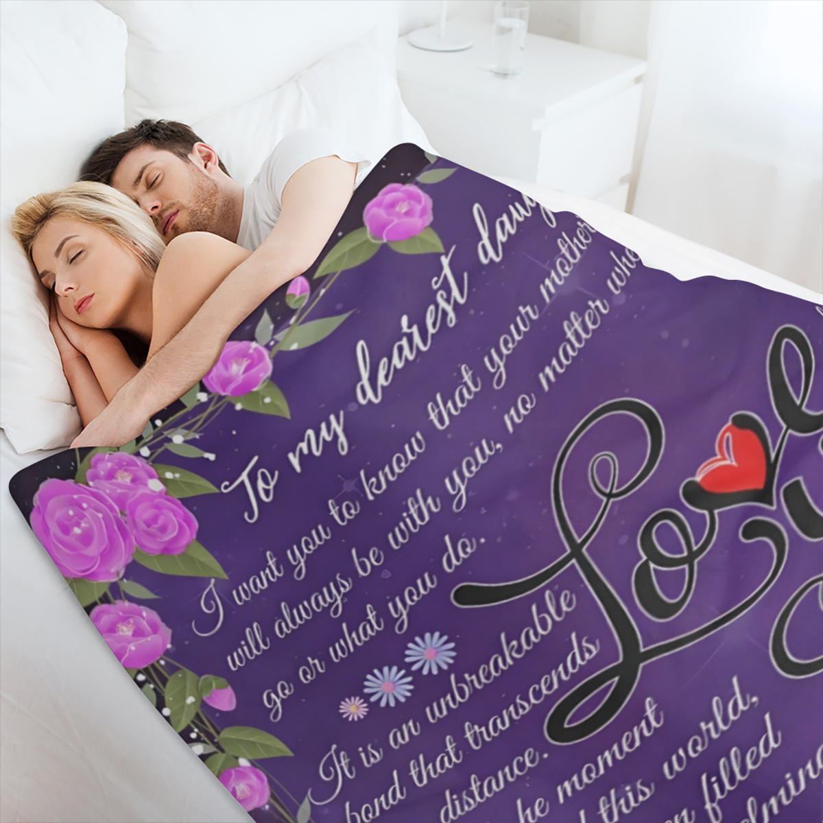 1pc Daughter Blanket from Mom - Soft Floral Design with Heartfelt Message, Pink Roses & Blue Flowers, Lightweight Polyester Blend, Perfect for Birthdays, Graduation, Valentine¡¯s Day & Mother¡¯s Day