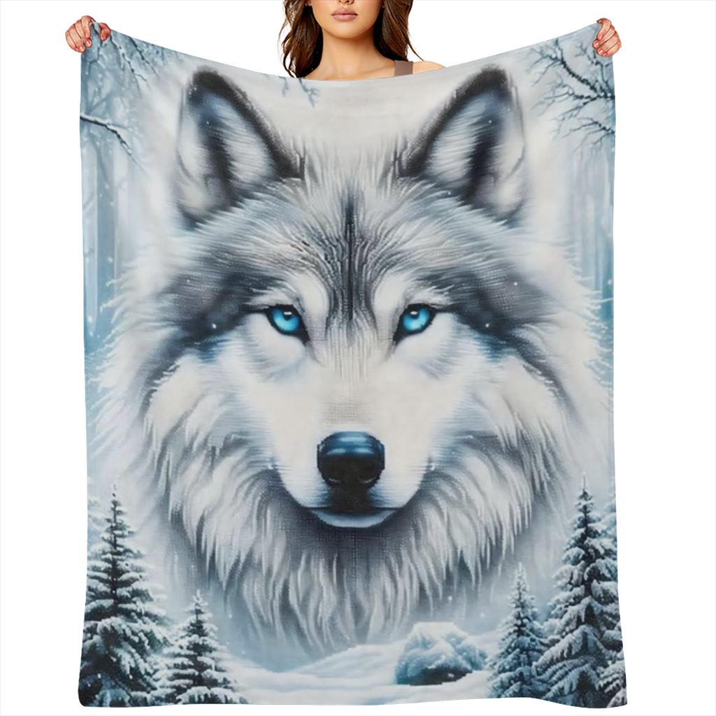 1pc Cozy Wolf & Snowy Forest Flannel Blanket - Soft, Warm, Allergy- Friendly 100 Polyester Throw, Machine Washable for Sofa, Bed, Car, Camping, Office - Charming Winter Decor, Hypoallergenic, Tear- Re