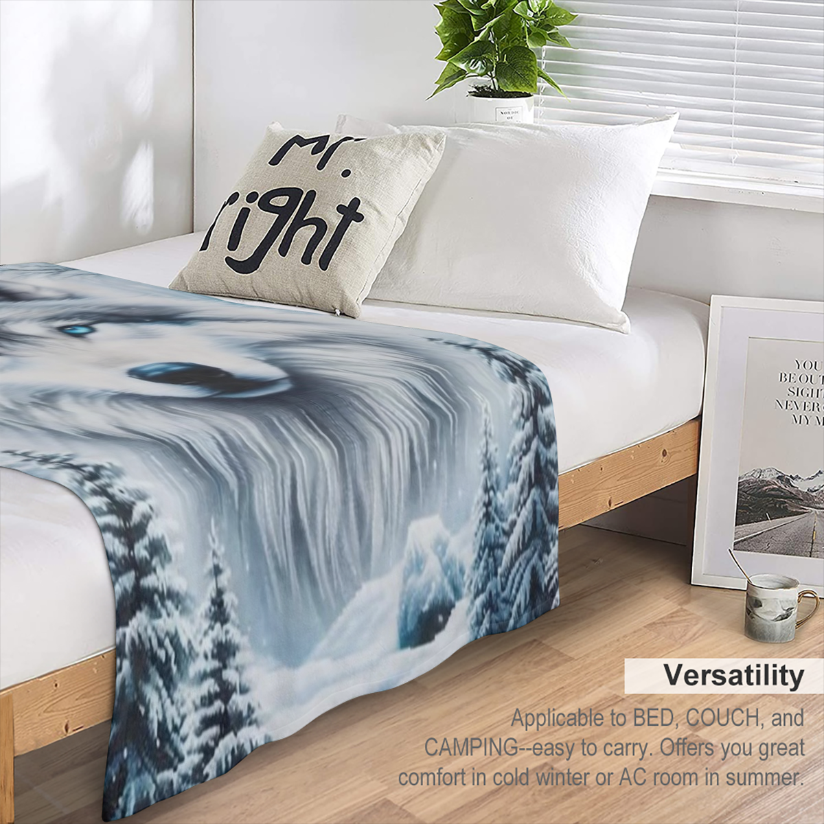 1pc Cozy Wolf & Snowy Forest Flannel Blanket - Soft, Warm, Allergy- Friendly 100 Polyester Throw, Machine Washable for Sofa, Bed, Car, Camping, Office - Charming Winter Decor, Hypoallergenic, Tear- Re