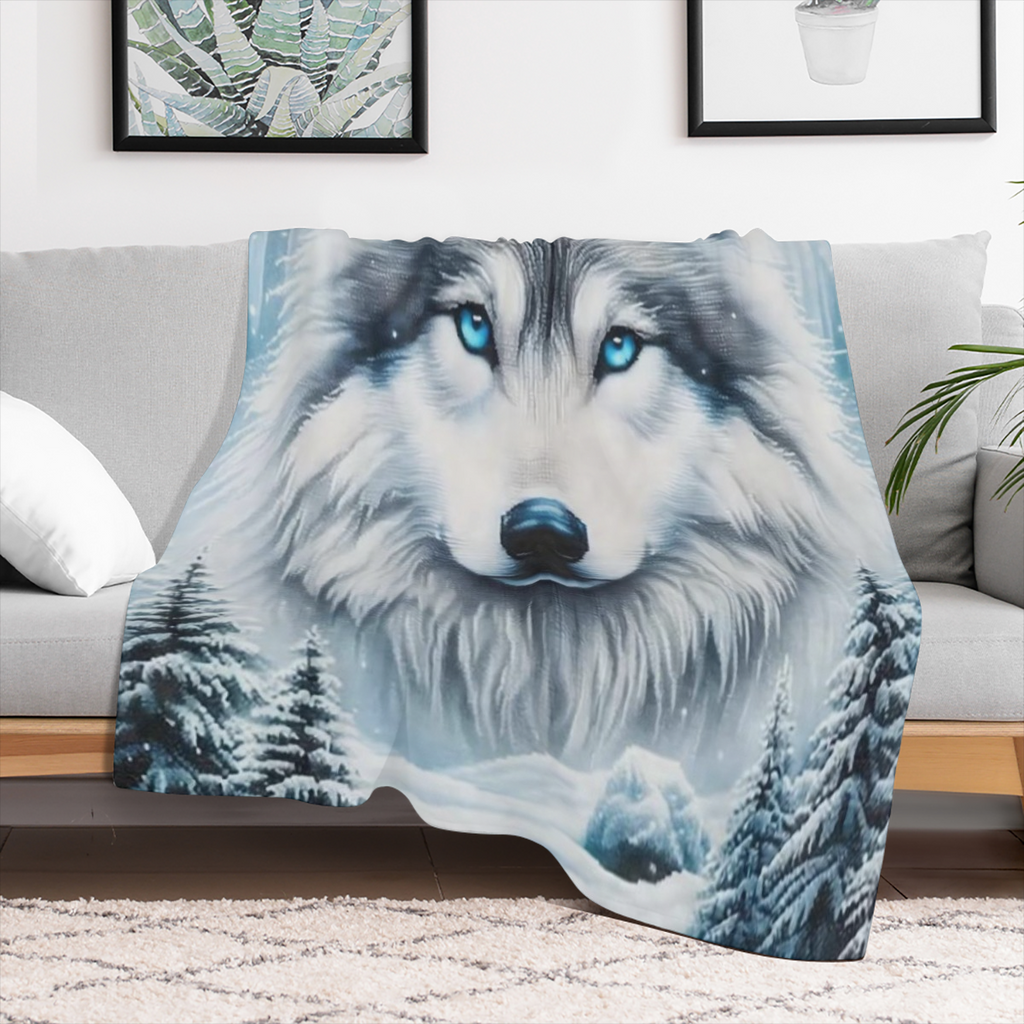 1pc Cozy Wolf & Snowy Forest Flannel Blanket - Soft, Warm, Allergy- Friendly 100 Polyester Throw, Machine Washable for Sofa, Bed, Car, Camping, Office - Charming Winter Decor, Hypoallergenic, Tear- Re