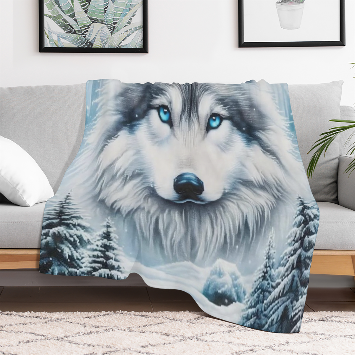 1pc Cozy Wolf & Snowy Forest Flannel Blanket - Soft, Warm, Allergy- Friendly 100 Polyester Throw, Machine Washable for Sofa, Bed, Car, Camping, Office - Charming Winter Decor, Hypoallergenic, Tear- Re