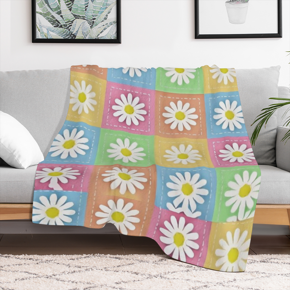 Cozy Daisy Plaid Flannel Throw Blanket - Ideal for Travel Naps Office Relaxation Picnics Beach Camping 01