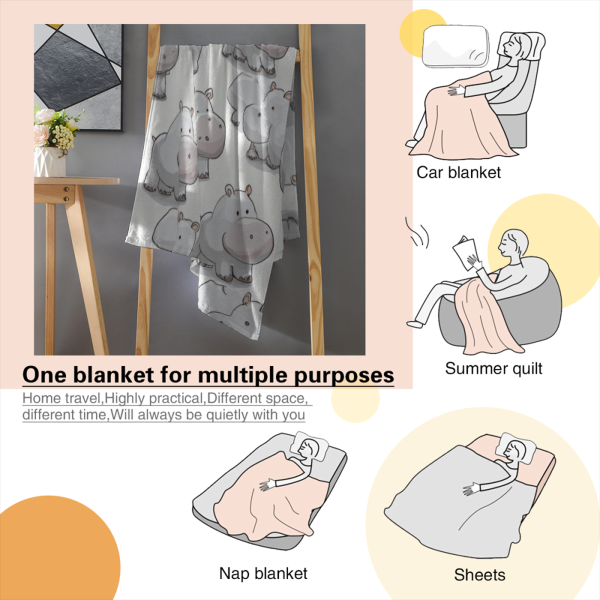 Cute Hippopotamus Patterned Blanket | Soft Flannel Polyester Throw for Bed, Couch, Sofa | Cozy All-Season Home Decor, Adorable Hippo Design for Animal Lovers, Machine Washable, Contemporary Style