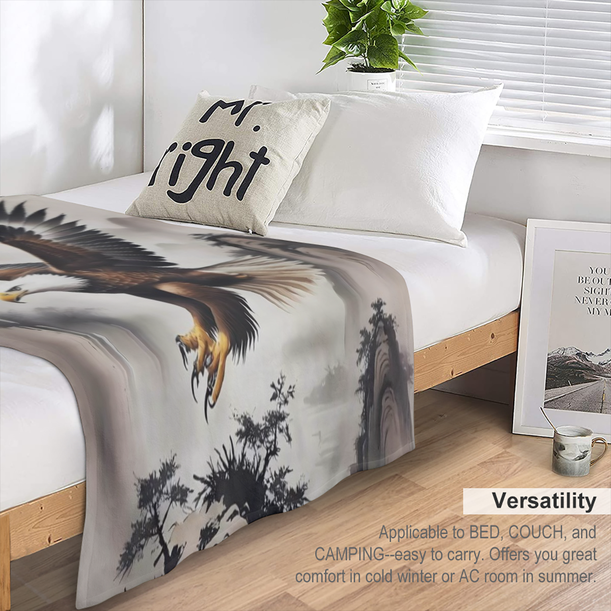 Cozy Eagle Print Throw Blanket - Soft Knitted Polyester Geometric Pattern Animal Theme Multipurpose All- Season Use Perfect for Outdoor Camping Sofa Office Living Room Decor and Snuggling Up on Chilly