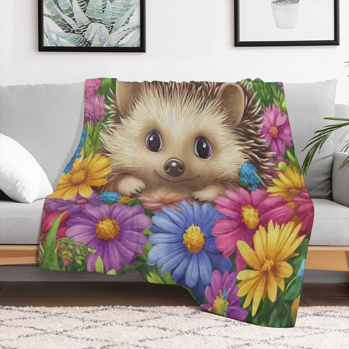Cute Hedgehog And Floral Blanket Ultra Soft And Cozy Flannel Throw Blankets, Warm, Lightweight And Fuzzy Perfect for Bed, Couch, Travel And Outdoor Use for Men Women Adults