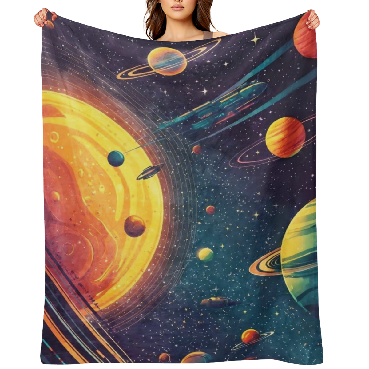 1 modern Fantasy Solar printed flannel blanket, tear resistant, all seasons suitable, digital printing, knitted polyester, 200- 250 gm2, girls, granddaughters, daughters, holidays, outdoor, beach, cam